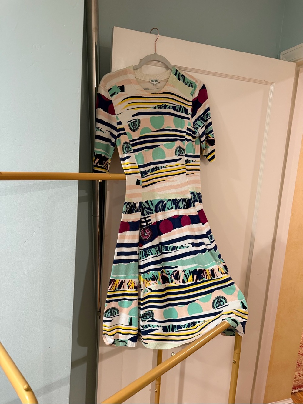 Kenzo Striped Multicolor Midi Dress - Cream, Mint, Navy, Yellow, Magenta